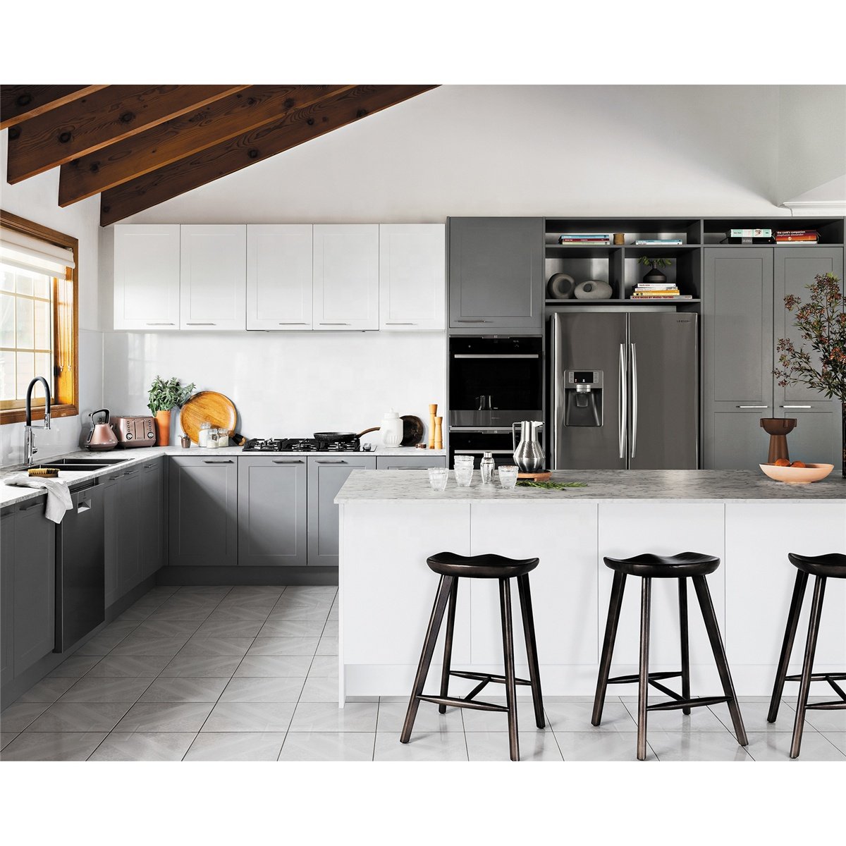 PA wholesale french modern L-shaped storage grey PVC shaker kitchen cabinet