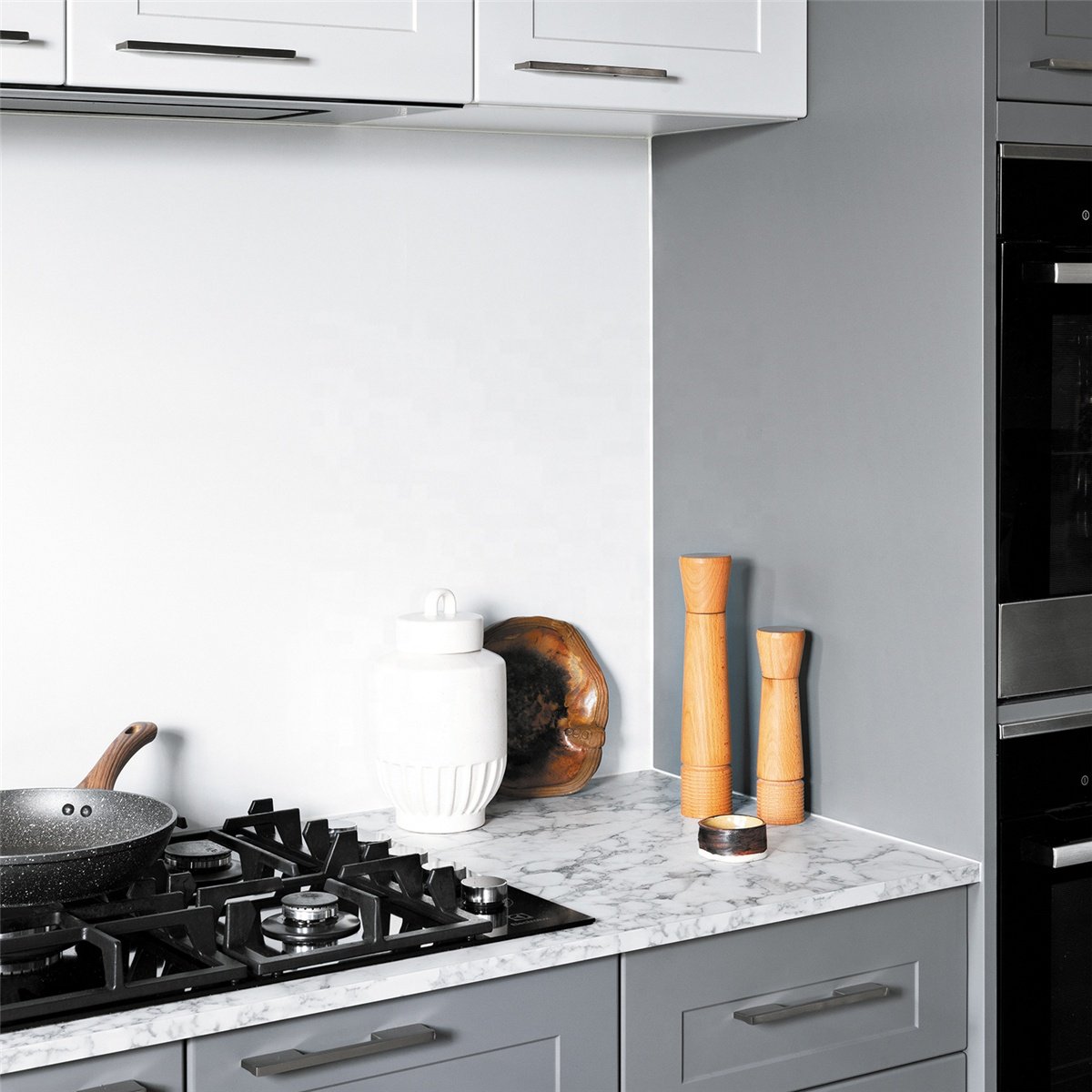 PA wholesale french modern L-shaped storage grey PVC shaker kitchen cabinet