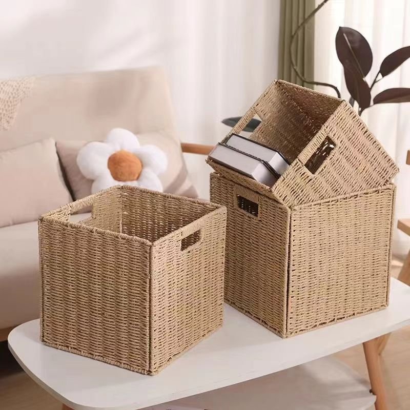 Beaufy Foldable Storage Basket Rattan Paper Rope Woven Toy Organizer Box Fabric/Cloth Sundries Snack Drawer for Clothing Storage