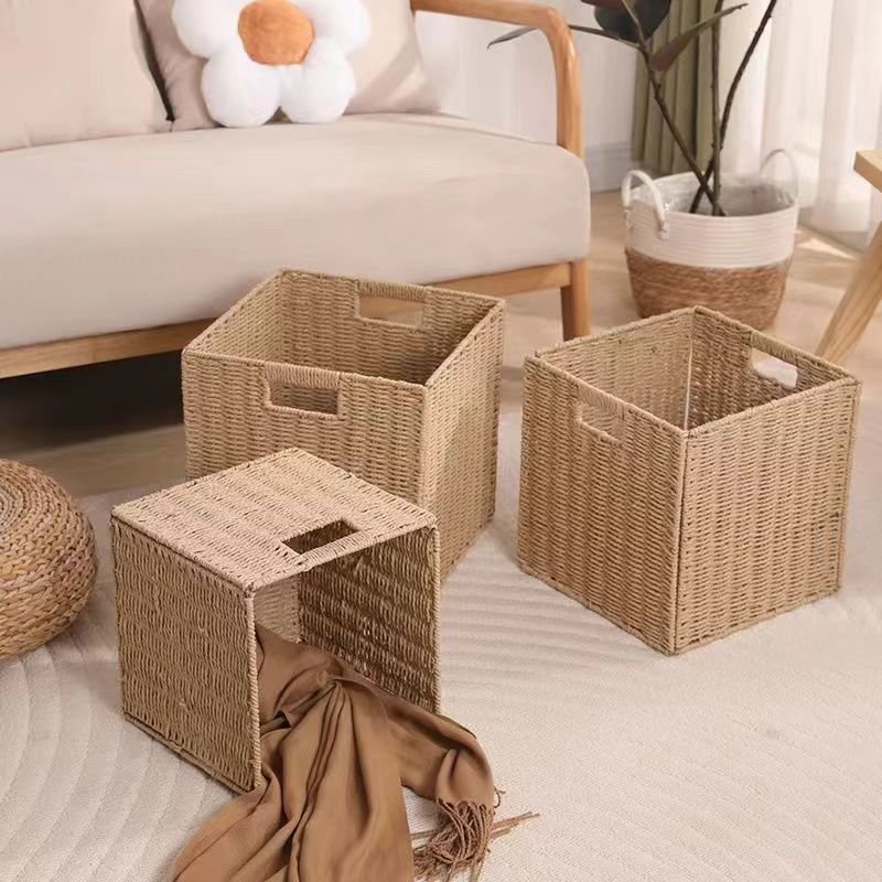 Beaufy Foldable Storage Basket Rattan Paper Rope Woven Toy Organizer Box Fabric/Cloth Sundries Snack Drawer for Clothing Storage