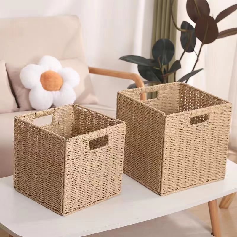 Beaufy Foldable Storage Basket Rattan Paper Rope Woven Toy Organizer Box Fabric/Cloth Sundries Snack Drawer for Clothing Storage