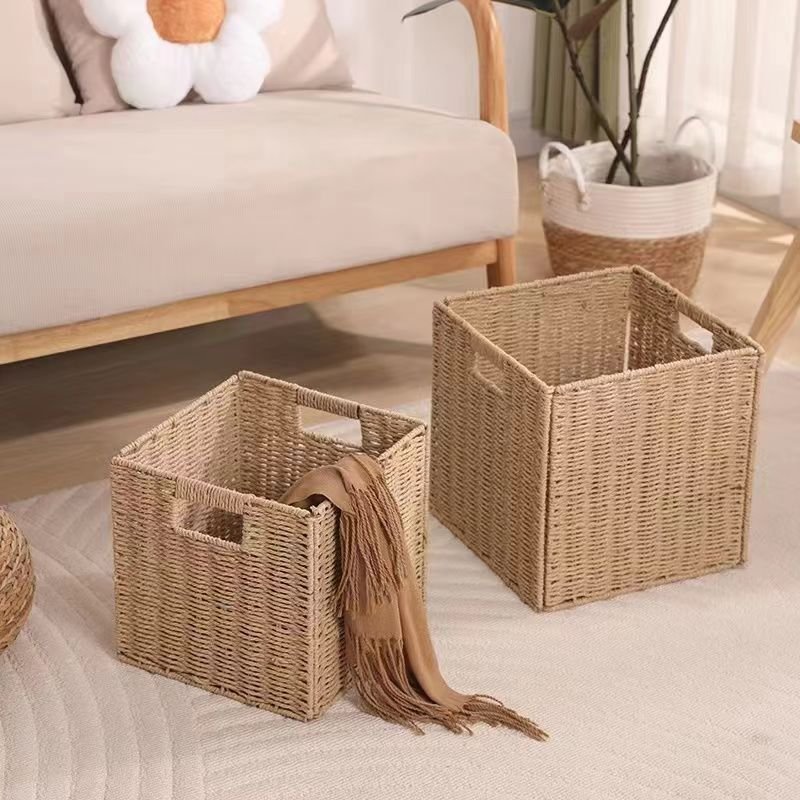 Beaufy Foldable Storage Basket Rattan Paper Rope Woven Toy Organizer Box Fabric/Cloth Sundries Snack Drawer for Clothing Storage
