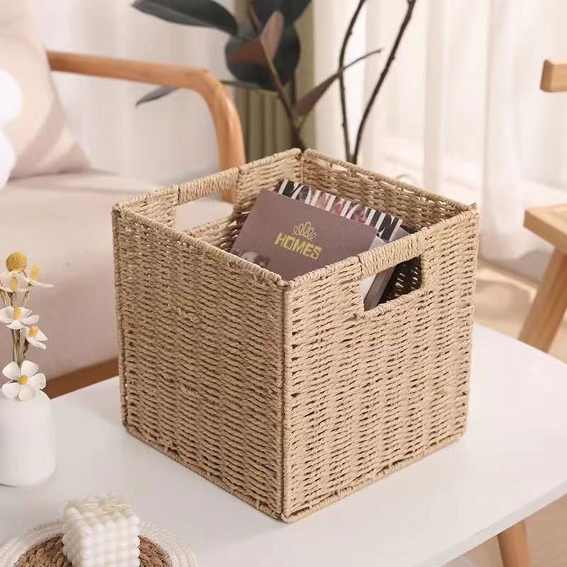 Beaufy Foldable Storage Basket Rattan Paper Rope Woven Toy Organizer Box Fabric/Cloth Sundries Snack Drawer for Clothing Storage