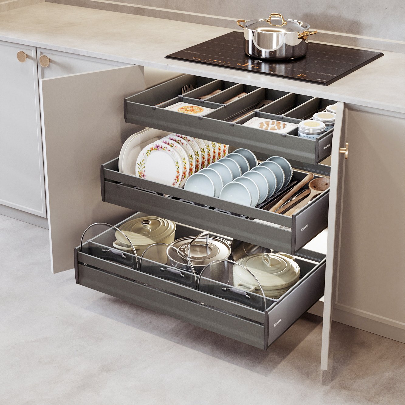 Goldmine kitchen cabinet pullout organizers cabinet storage baskets with movable divider soft closing drawers for cabinet
