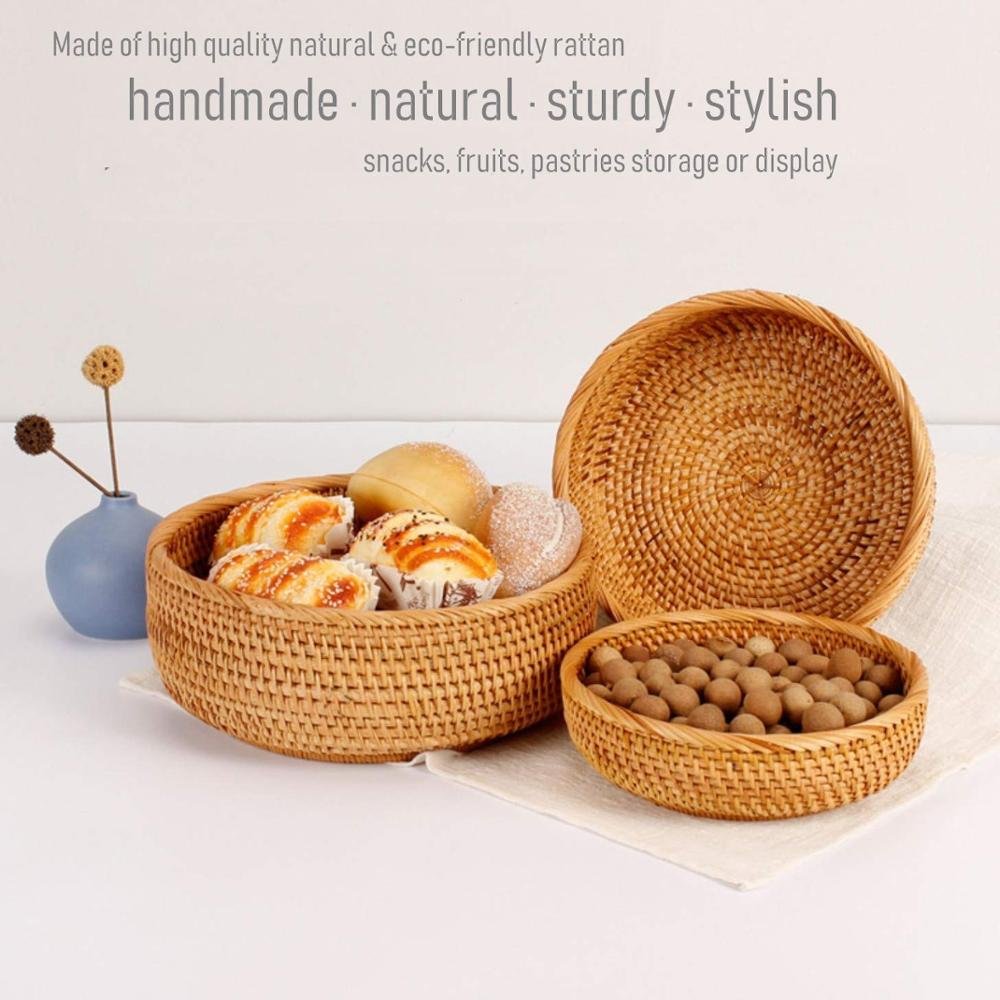 Round Vietnam Woven Basket Bamboo Rattan Basket for Food Serving Tray or Item Storage