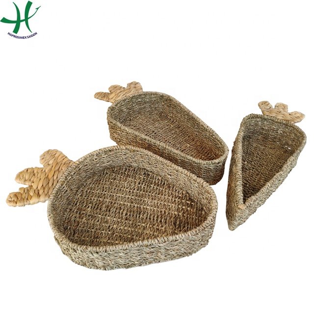Set of 2 round Wicker Serving Tray Rattan Bamboo and Straw for Fruit Water Hyacinth or Kitchen Decor