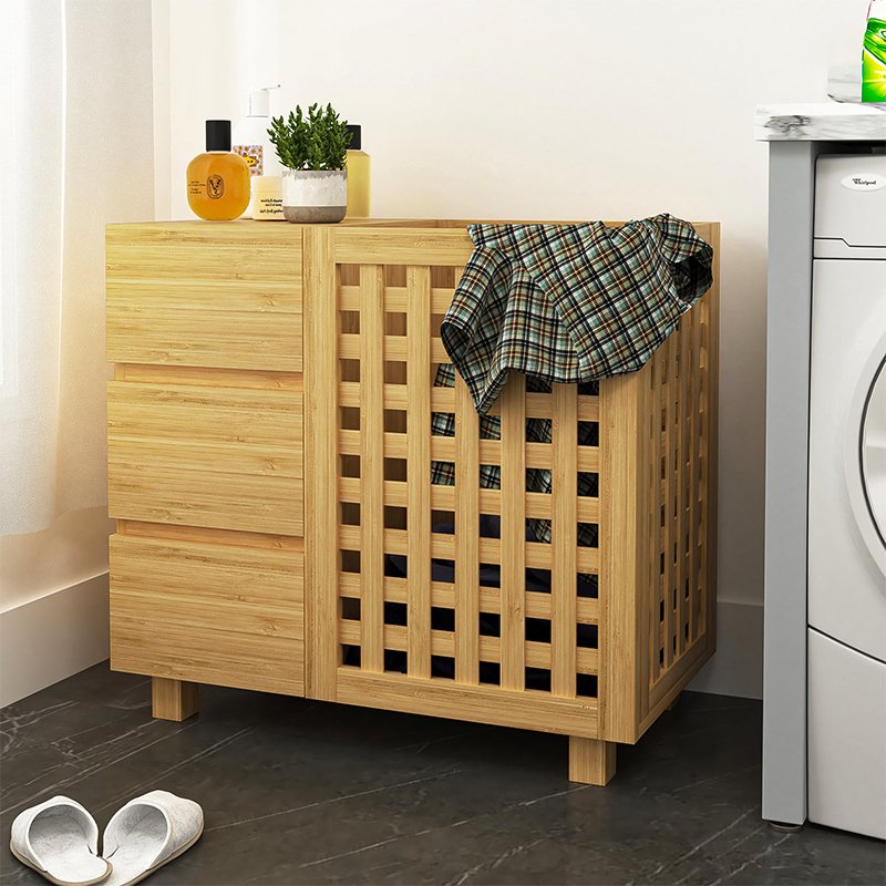Bamboo Laundry Hamper With 3 Drawers And A Large Basket, Divided Clothes Hamper