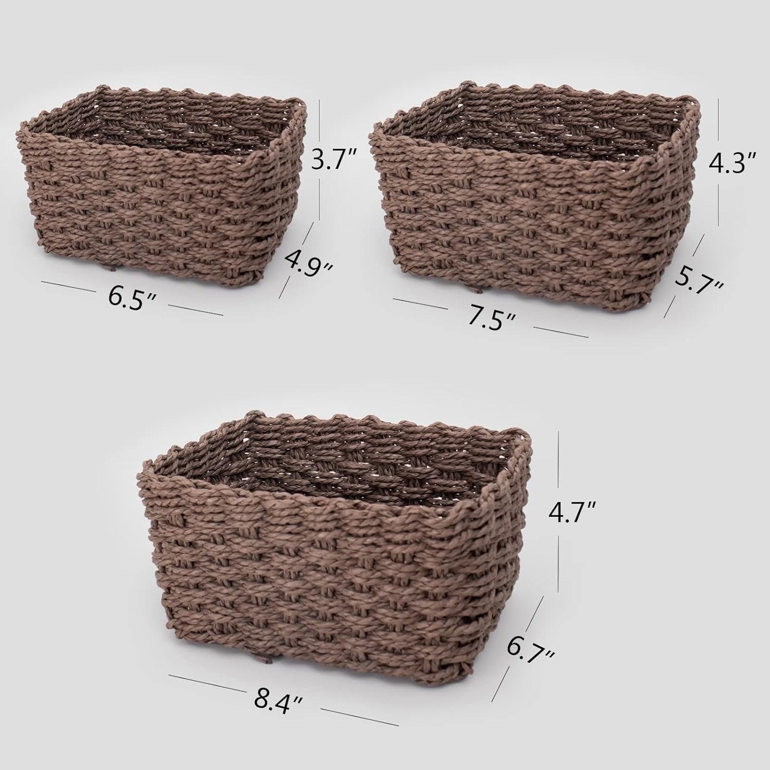 Hand-woven paper rope storage basket, home storage divider, for cabinet drawer closet rack dresser, 3-piece set