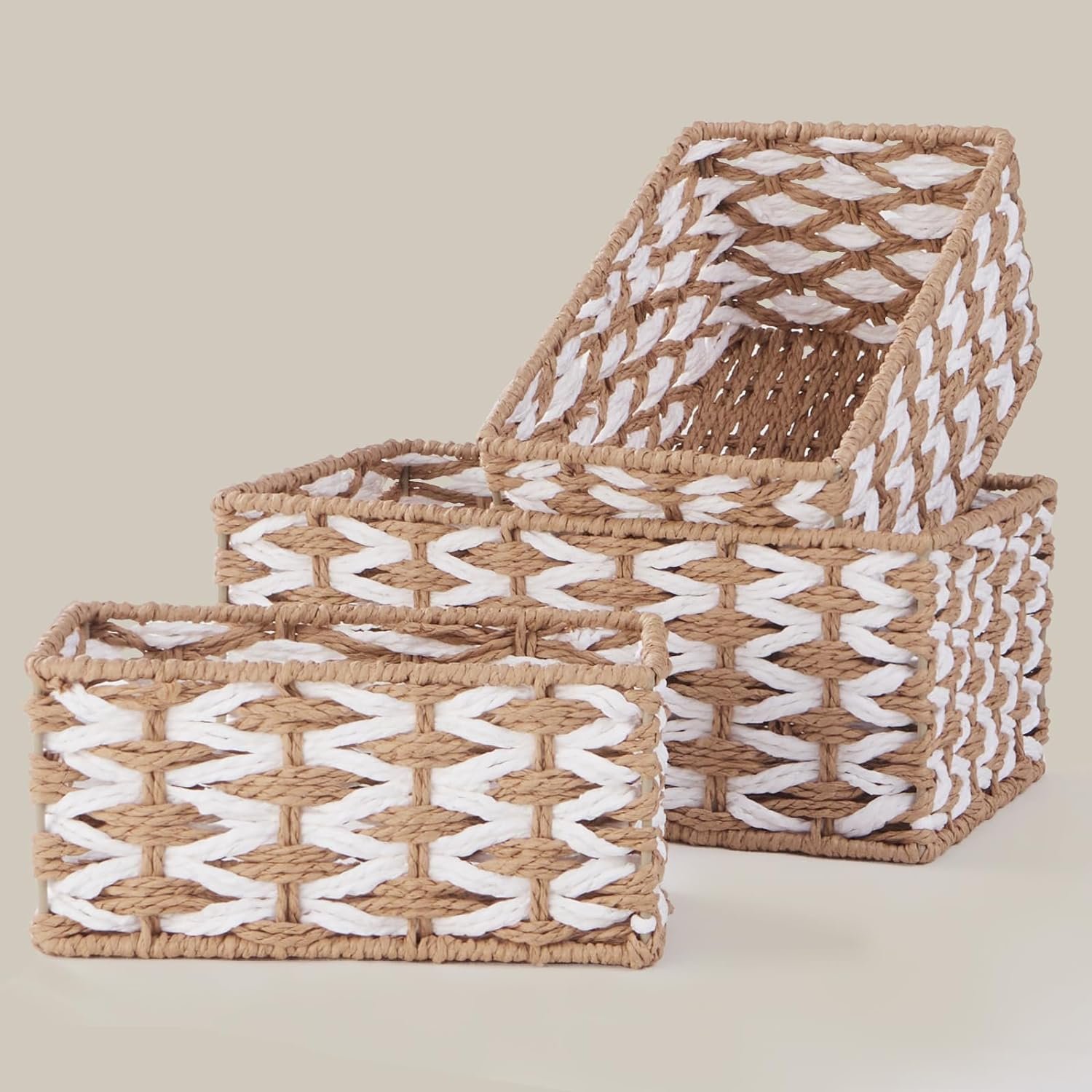 Hand-woven paper rope storage basket, home storage divider, for cabinet drawer closet rack dresser, 3-piece set