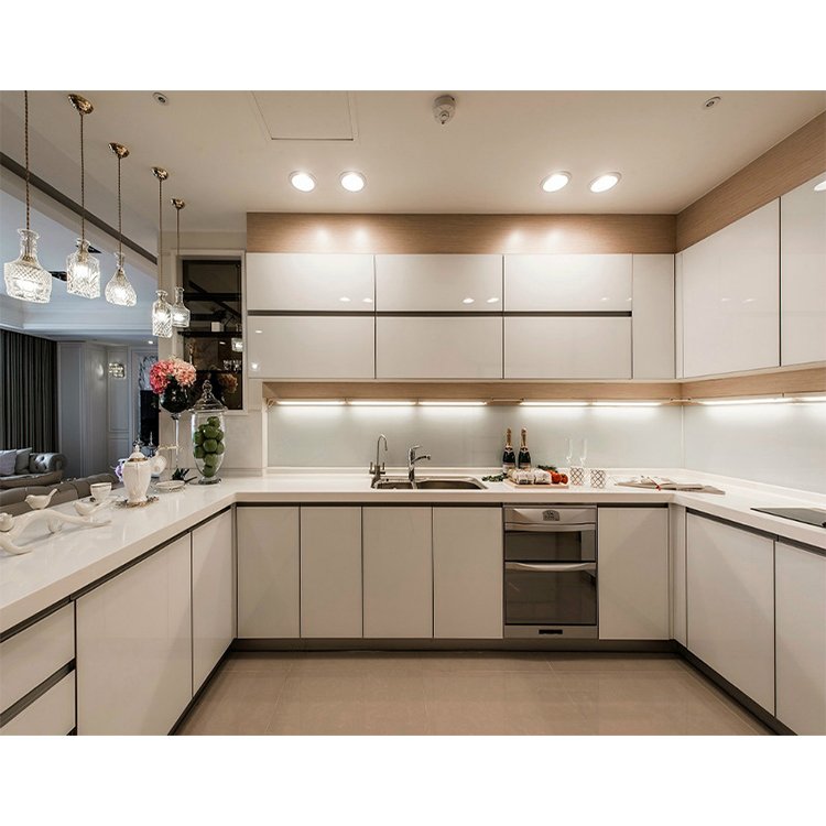 Ready made modular sink cabinets furniture modern small size wood kitchen cabinet set designs with led strip light