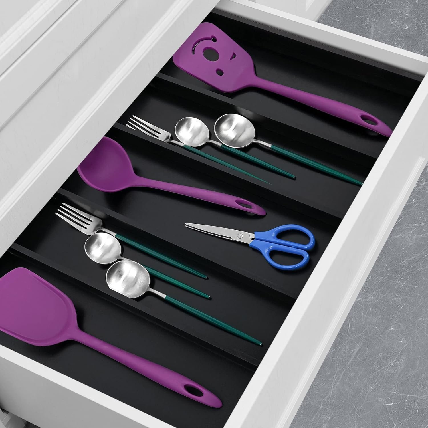 Multipurpose Black Bamboo Kitchen Drawer Organizer Utensil Holder and Cutlery Tray with Drawer Divider for Silverware Expandable