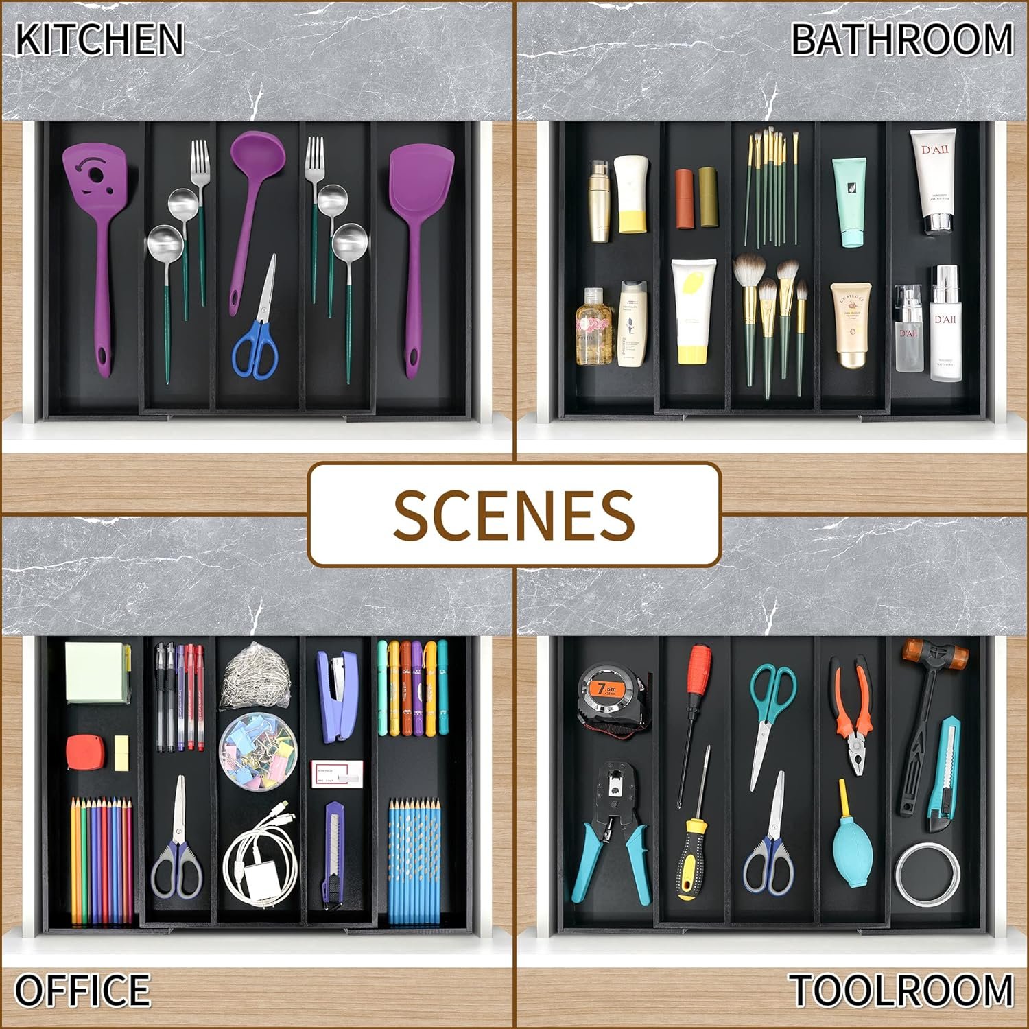 Multipurpose Black Bamboo Kitchen Drawer Organizer Utensil Holder and Cutlery Tray with Drawer Divider for Silverware Expandable