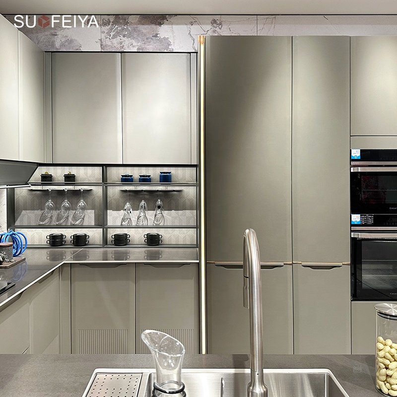 Modern Style PVC Kitchen Cupboard Furniture Flat Pack Matte Finish Powder Coating Kitchen Cabinets