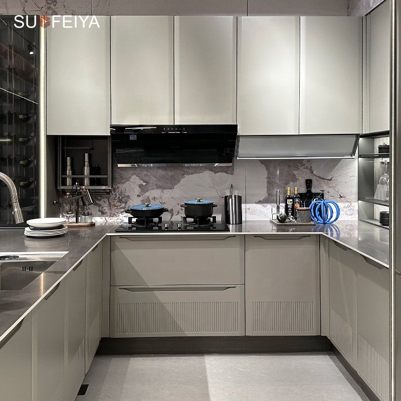 Modern Style PVC Kitchen Cupboard Furniture Flat Pack Matte Finish Powder Coating Kitchen Cabinets