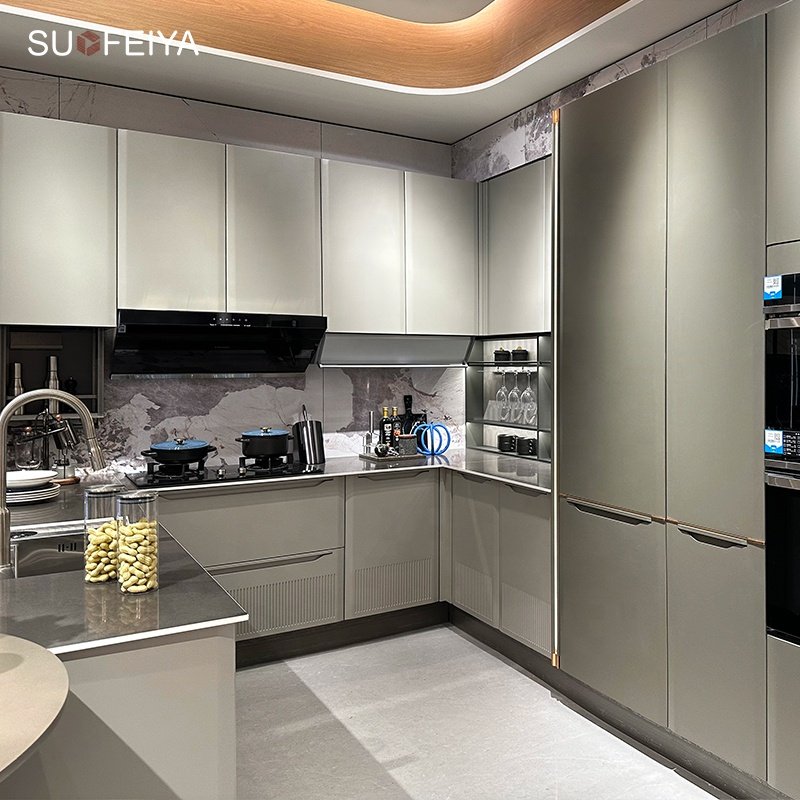 Modern Style PVC Kitchen Cupboard Furniture Flat Pack Matte Finish Powder Coating Kitchen Cabinets