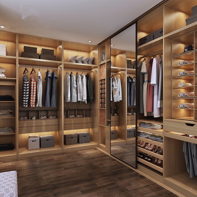 2024 wood closet bedroom furniture glass door German drawer storage jewelry box plywood wardrobes with LED