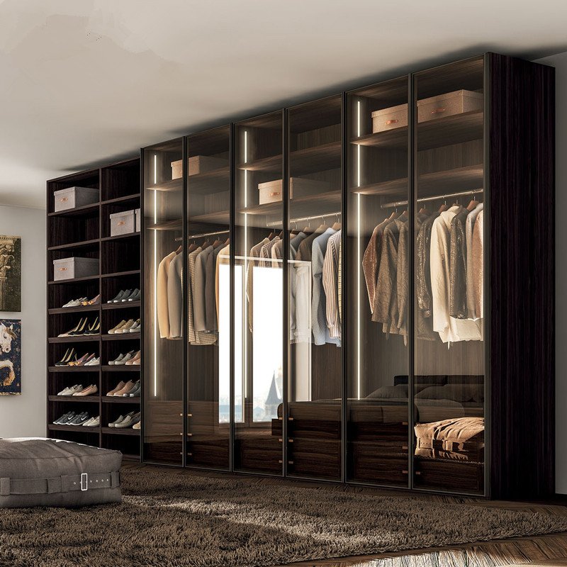 2024 wood closet bedroom furniture glass door German drawer storage jewelry box plywood wardrobes with LED