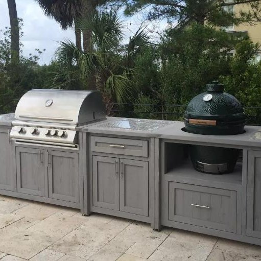 Vermont Luxury Modern Modular Prefab Built In Portable BBQ Outdoor Kitchen Cabinet Set With Grill and Fridge Under Pergola