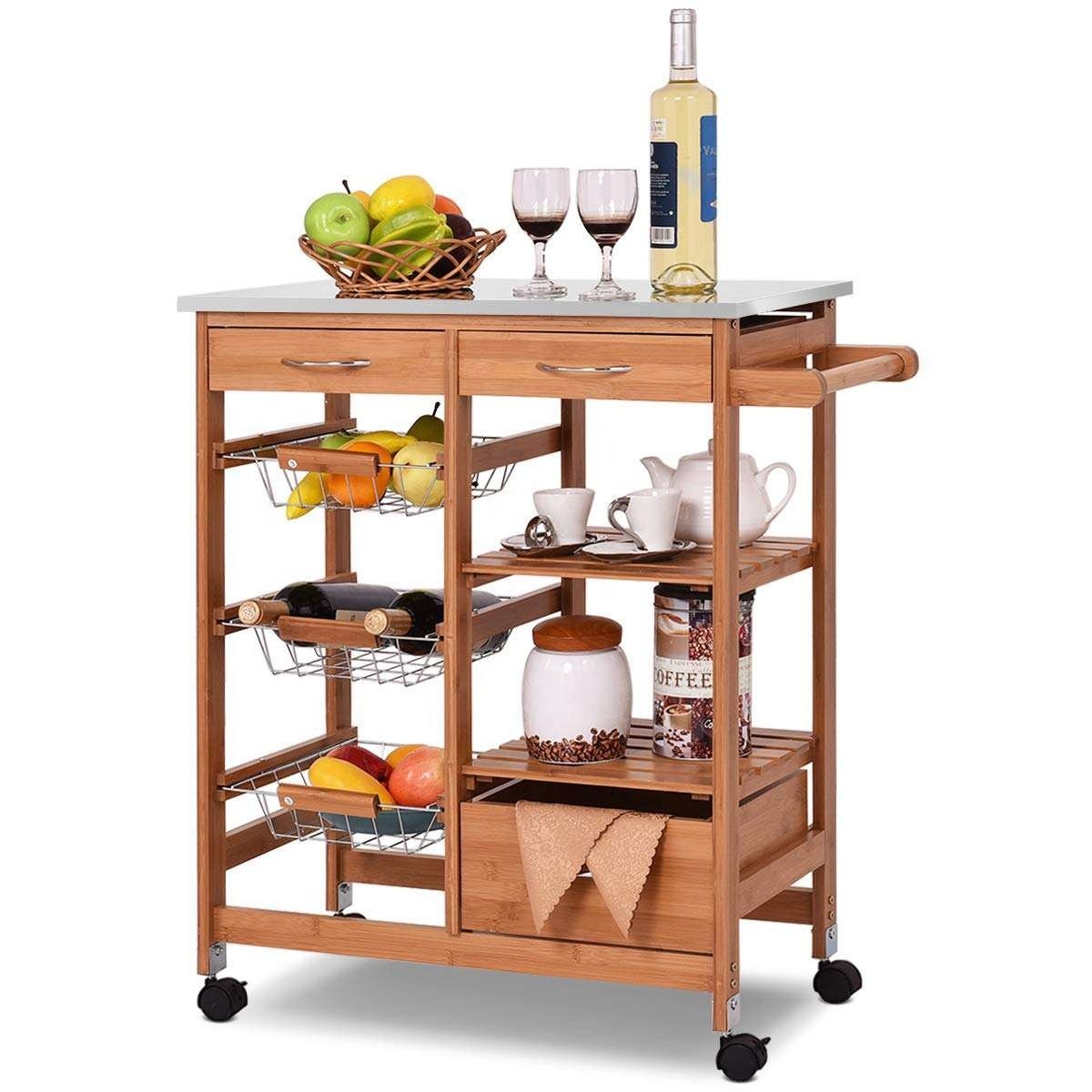 Basket And Drawers Hostess Kitchen Trolley Kitchen Storage Cart with Shelves Wood Bamboo Kitchen Trolley Dining Cart With Drawer