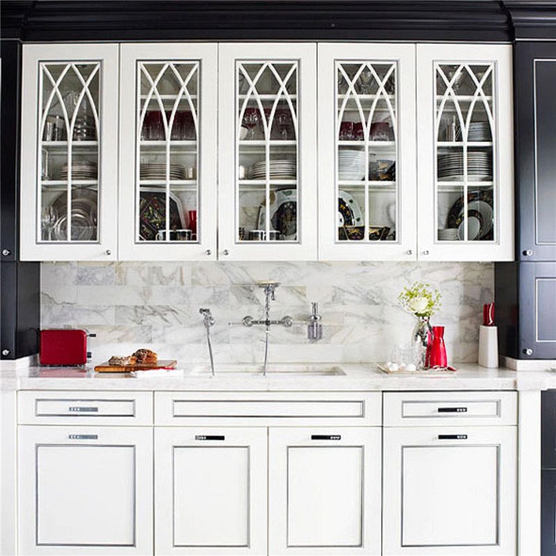 White Kitchen Cabinets Complete Sets Modern Kitchen Design Glass Front Modular Kitchen Cabinets with Gold Knobs