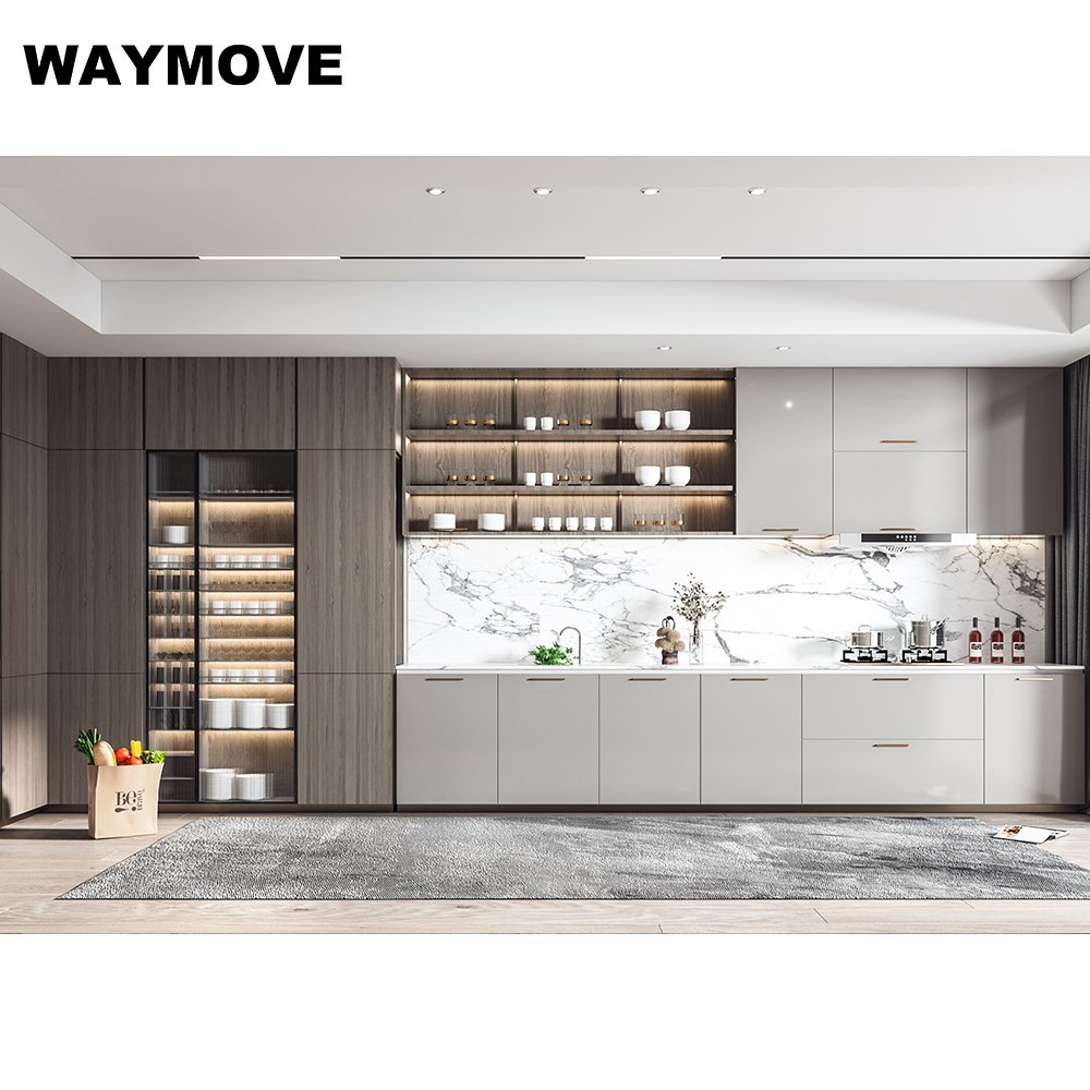 WAYMOVE Modern Elegant Grey Kitchen Cabinet MDF Material Lacquer Includes Sink Furniture Supplier Manufacturer Small Kitchens