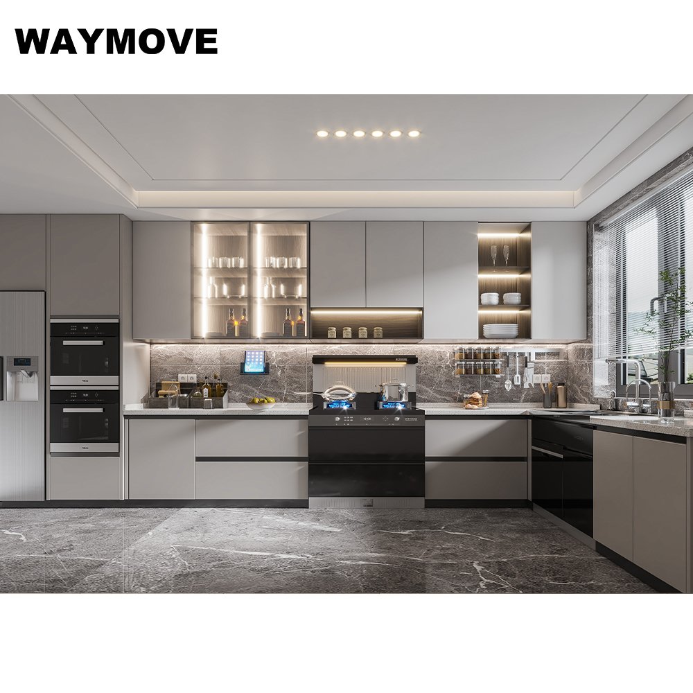 WAYMOVE Modern Elegant Grey Kitchen Cabinet MDF Material Lacquer Includes Sink Furniture Supplier Manufacturer Small Kitchens