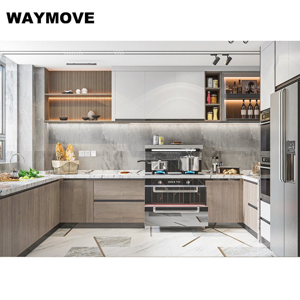 WAYMOVE Modern Elegant Grey Kitchen Cabinet MDF Material Lacquer Includes Sink Furniture Supplier Manufacturer Small Kitchens