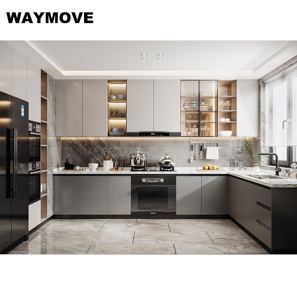 WAYMOVE Modern Elegant Grey Kitchen Cabinet MDF Material Lacquer Includes Sink Furniture Supplier Manufacturer Small Kitchens