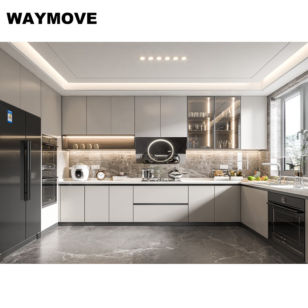 WAYMOVE Modern Elegant Grey Kitchen Cabinet MDF Material Lacquer Includes Sink Furniture Supplier Manufacturer Small Kitchens