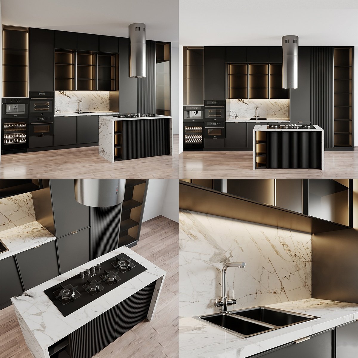 PA Cheap Price Japanese Style Modular Black Kitchen With Kitchen Island