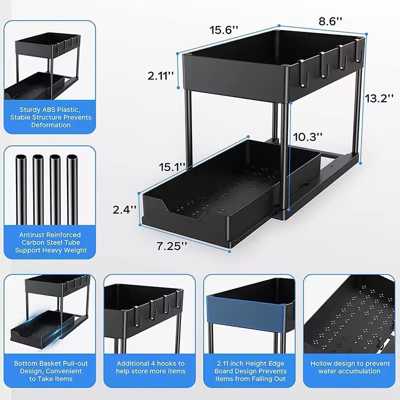 2-Tier Metal Under Cabinet Organizer Pull Out Bathroom Organizer L Shape Undersink Organizers and storage for Home Organization
