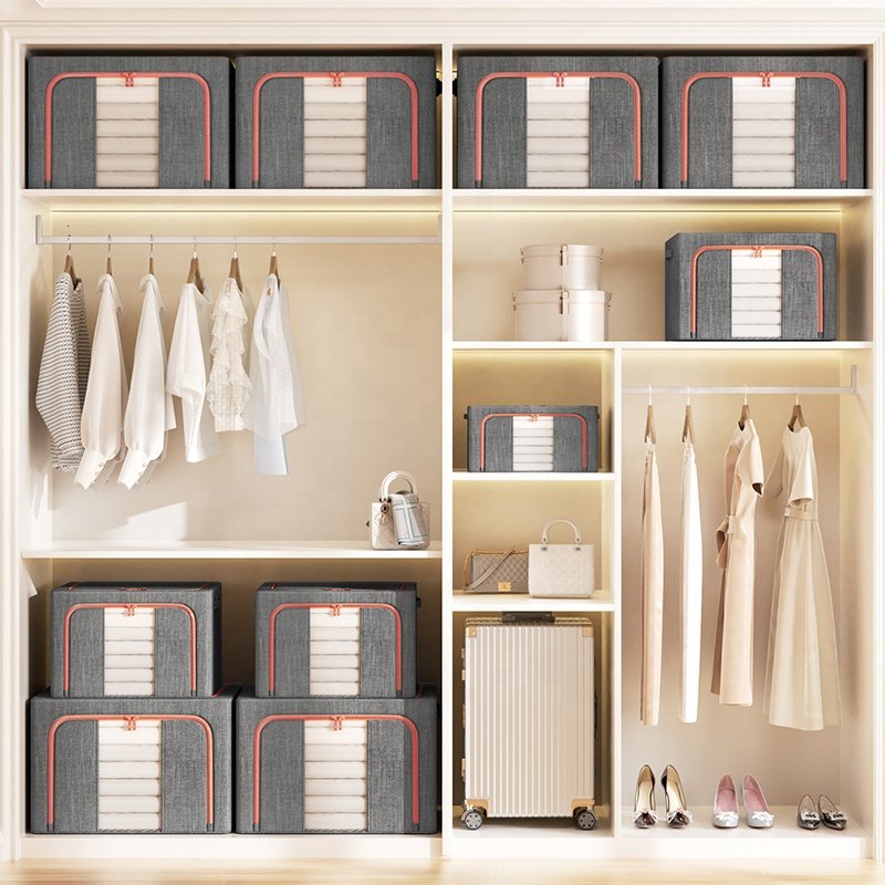 25/66/100L wardrobe foldable cloth storage organizer bag large capacity waterproof linen steel frame clothes storage box