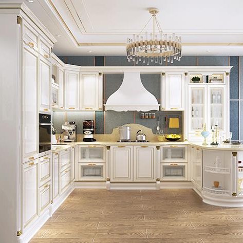 Luxury White Gold Design European Solid Wood Kitchen Cabinet Set For Apartment