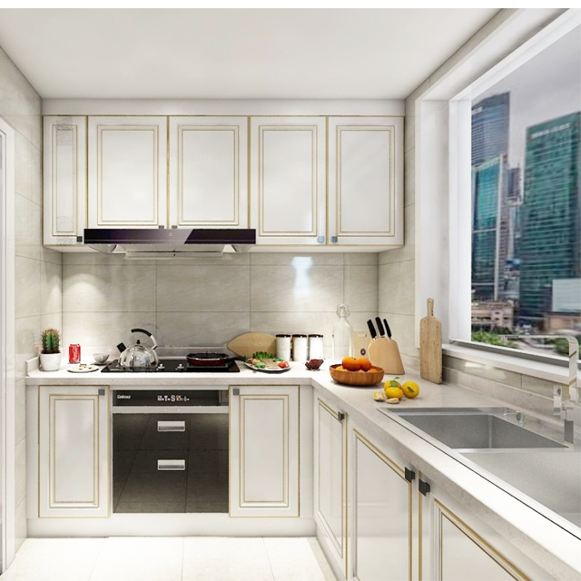 Luxury White Gold Design European Solid Wood Kitchen Cabinet Set For Apartment