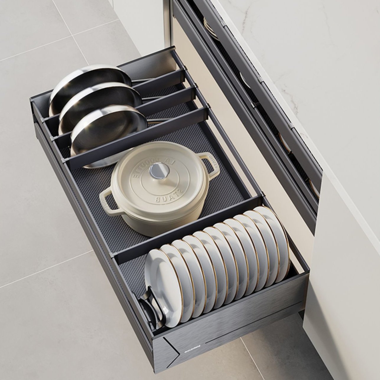 Goldmine 3 layers Modern Household Utensil Drawer Organizer Base Unit Pull Out Basket Sliding Aluminum Dish Drying Rack Drawer