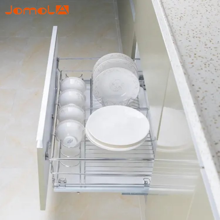 Four sides round wire dish and bowl pull out basket with soft closing rails