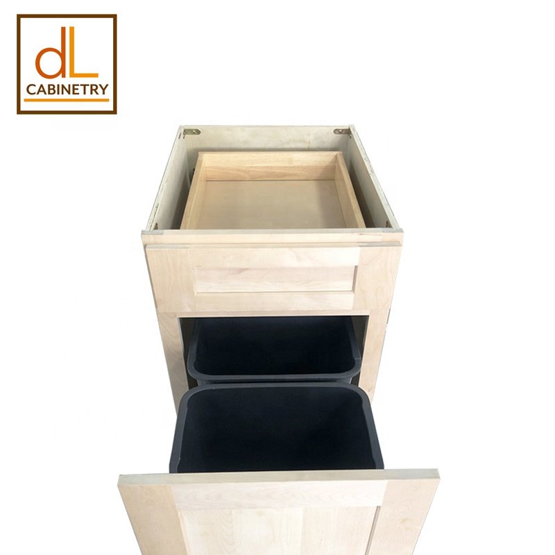 Latest Hot Sale Stock American Standard Size Unfinished Real Wood Shaker Door Kitchen Cabinets With Pull Out Under Trash Can