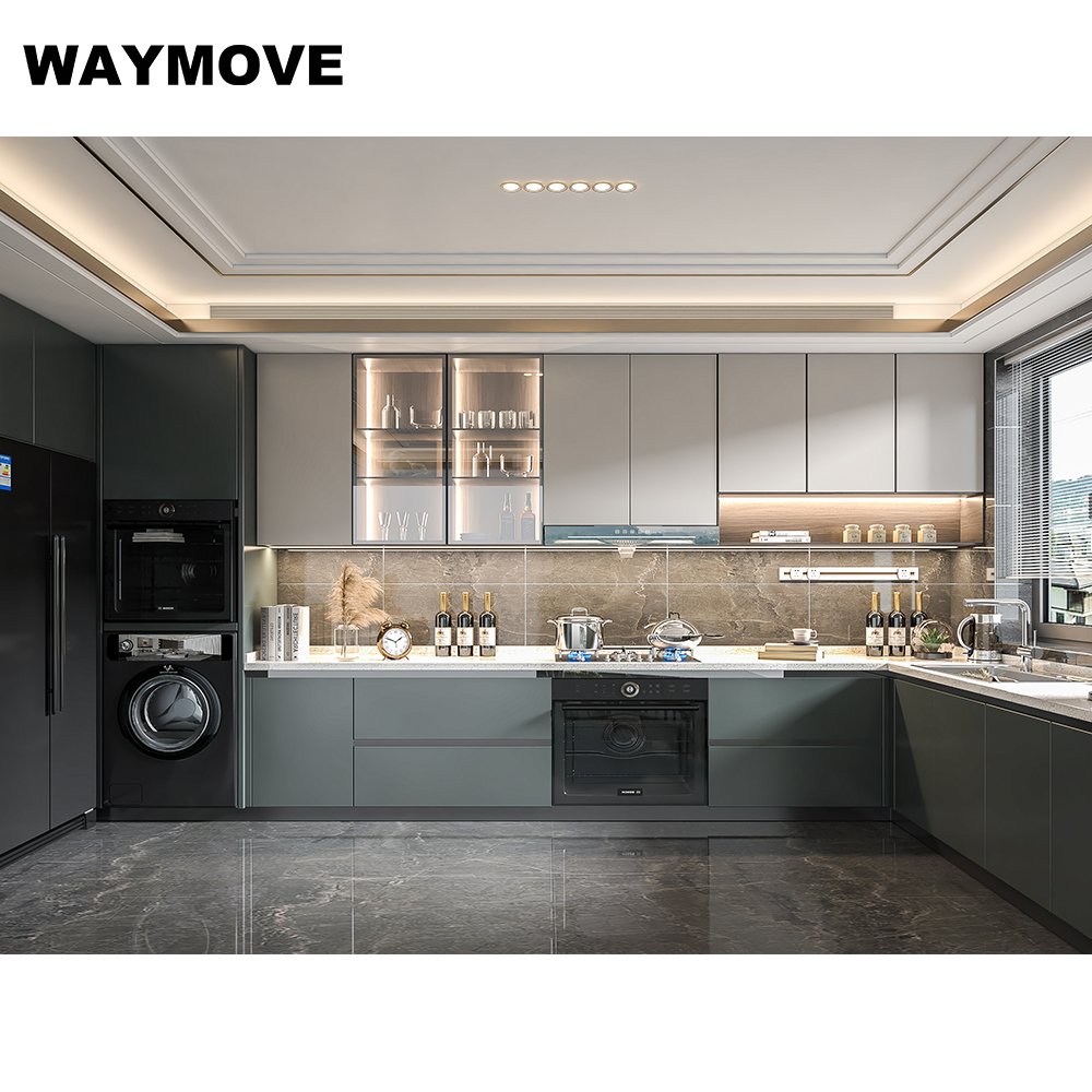 WAYMOVE Modern Dark Grey Kitchen Cabinets Lacquer Acrylic Surface Treatments Sink Hinge Drawer Slide Faucet Accessories Home Use