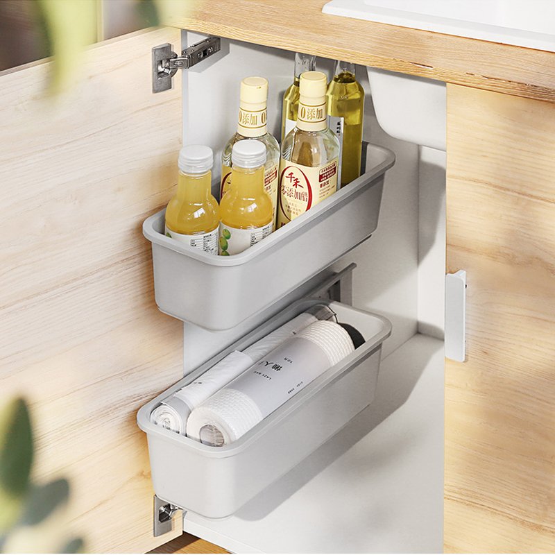 New Arrival 09.524 White Plastic Shelf Kitchen Cabinet Storage Rack Non-Punching Pull-Out Hanging Rack