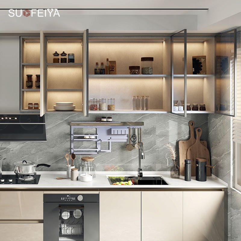 Suofeiya Hotel Project Customized Open Concept Furniture Luxury Gray Wooden Kitchen Cabinet Full Set