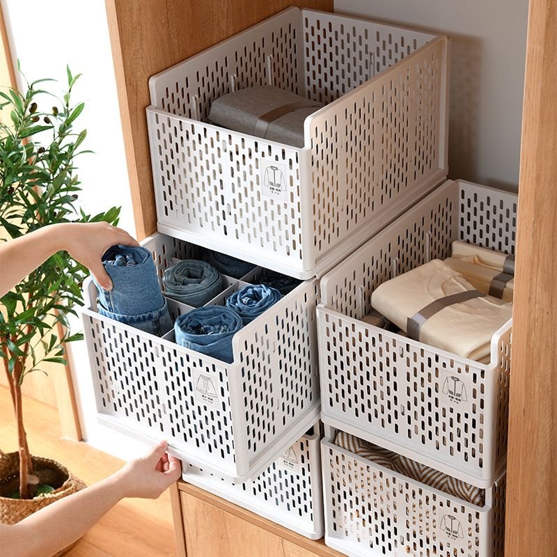 Stackable Shelf Baskets Organizer Folding Wardrobe Closet Organizers Foldable Drawer Organizer Storage Bins for Home