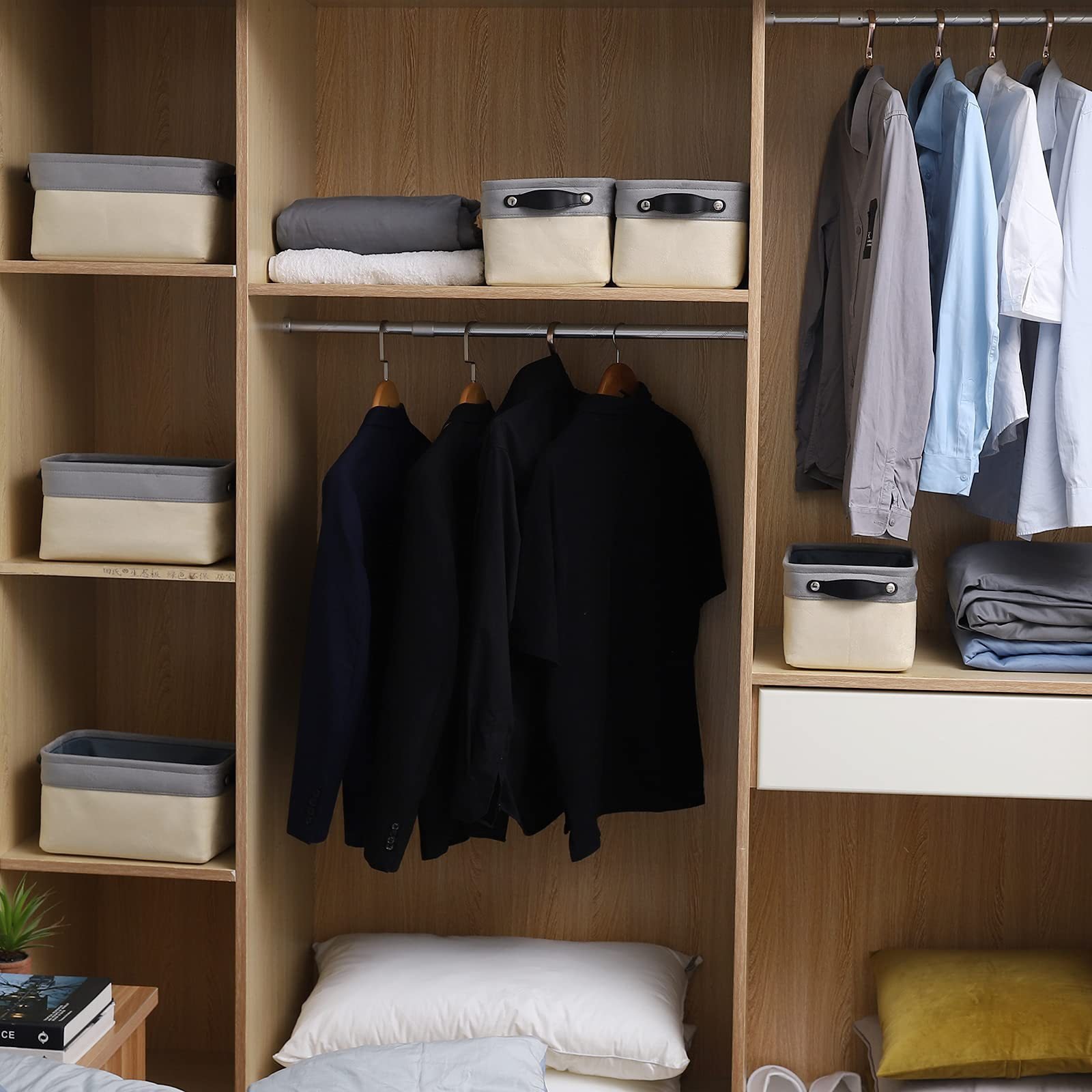 Linen Clothes Storage Organizer with PU Handle Foldable Stackable Wardrobe Closet Organization for Toys Jeans Clothing