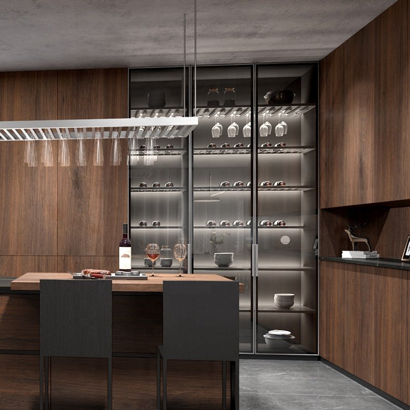 Suofeiya Commercial Vintage Matt Black Timber MDF Wood Veneer Soft Close Hinges Kitchen Pantry Cabinet
