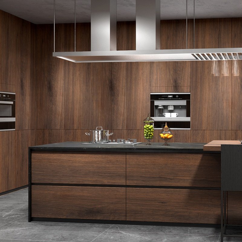Suofeiya Commercial Vintage Matt Black Timber MDF Wood Veneer Soft Close Hinges Kitchen Pantry Cabinet