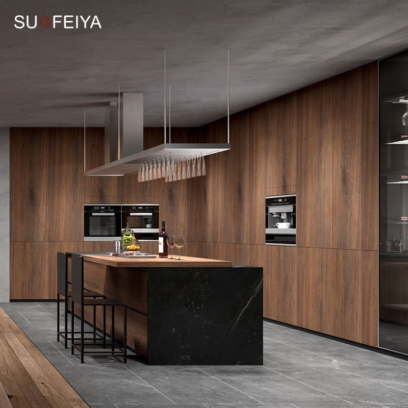 Suofeiya Commercial Vintage Matt Black Timber MDF Wood Veneer Soft Close Hinges Kitchen Pantry Cabinet