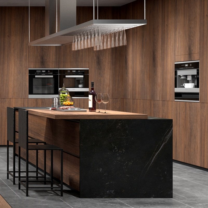 Suofeiya Commercial Vintage Matt Black Timber MDF Wood Veneer Soft Close Hinges Kitchen Pantry Cabinet
