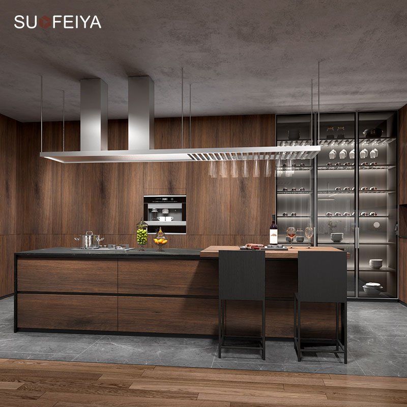 Suofeiya Commercial Vintage Matt Black Timber MDF Wood Veneer Soft Close Hinges Kitchen Pantry Cabinet