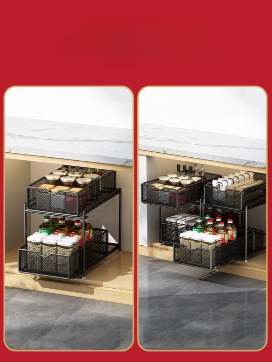 Kitchen Double-Layer Under-Sink Cabinet Organizer Pullout Storage Baskets Various Artifacts Pullout Racks Kitchen Organizer