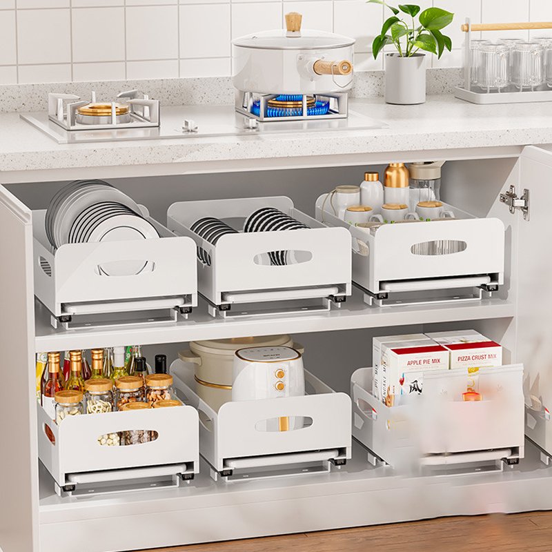 Kitchen dish cabinet drawer organizer rack with built-in pull-out basket bowl and plate draining rack pull-out cup holder rack
