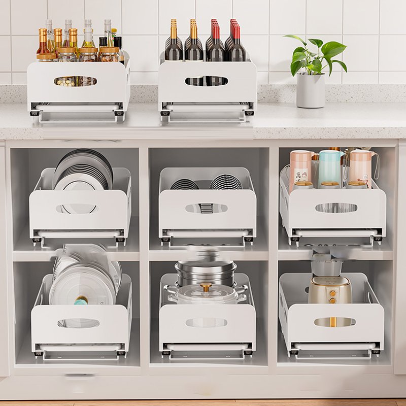 Kitchen dish cabinet drawer organizer rack with built-in pull-out basket bowl and plate draining rack pull-out cup holder rack